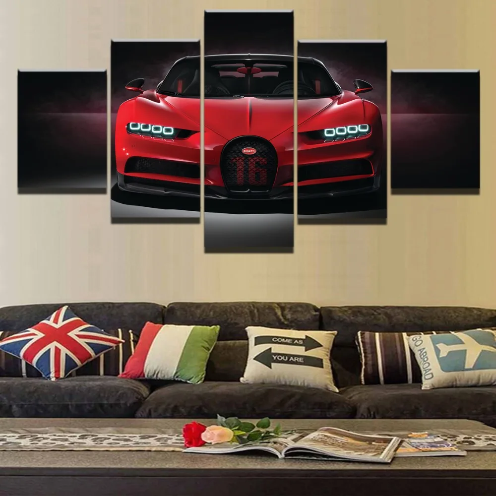 

Painting On Canvas Wall Art Framework Home Decor HD Printed 5 Panel Modular Pictures Bugatti Chiron Hypercar Red Car Poster