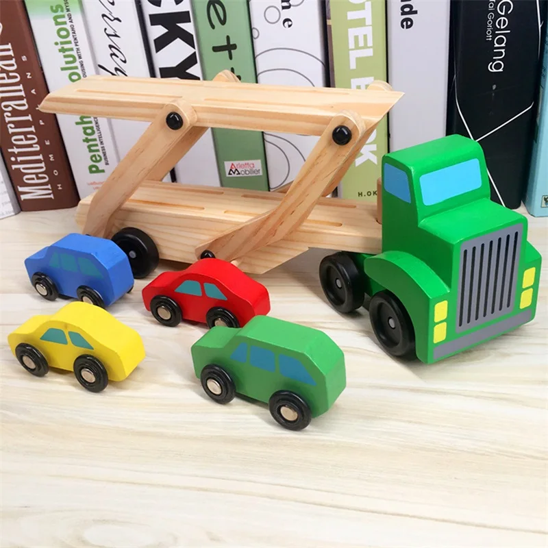 

Baby Wooden Truck Toy Children Early Educational Designer Vehicles Toys Double Decker Car Carrier and 4 Cars Classic Model Toys