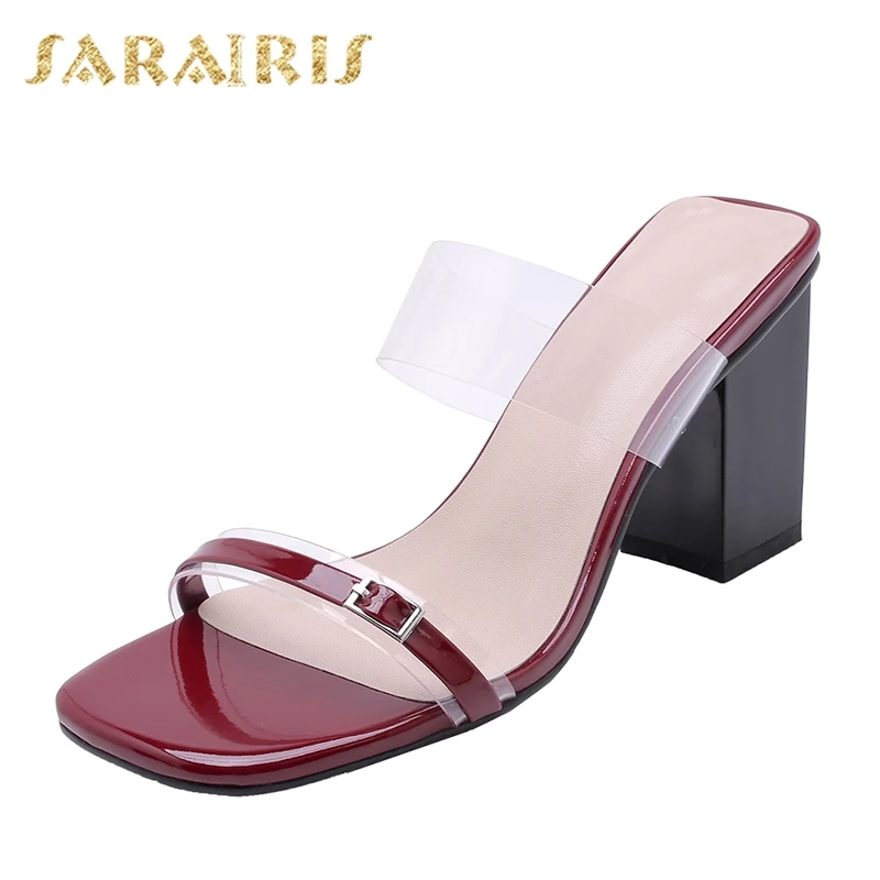 

SARAIRIS 2019 patent leather PVC Sandals Chunky High Heels sexy Shoes Woman Mules pumps Party Lady Sandals Women Shoes