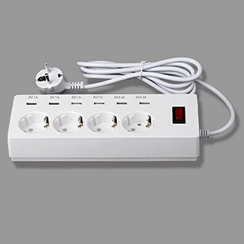 

USB Power Strip Socket Home Office Surge Protector 6 USB Charger 4 AC Plug Multi-Outlet EU Plug WWO66