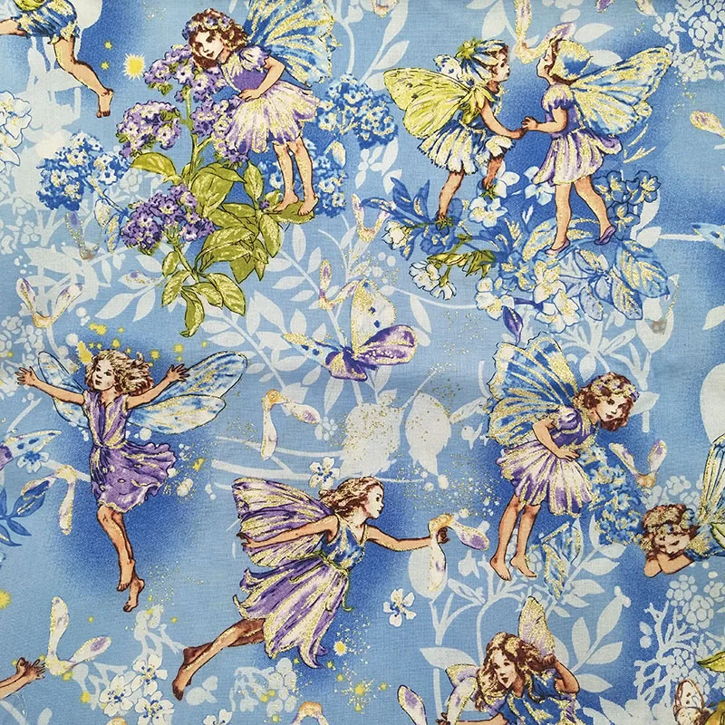 Очаровательный Lt. синий цветок фея Ткань хлопковая Цветочная фея бронзовая печать Швейные DIY сумка материал diy платье для девочек одежда