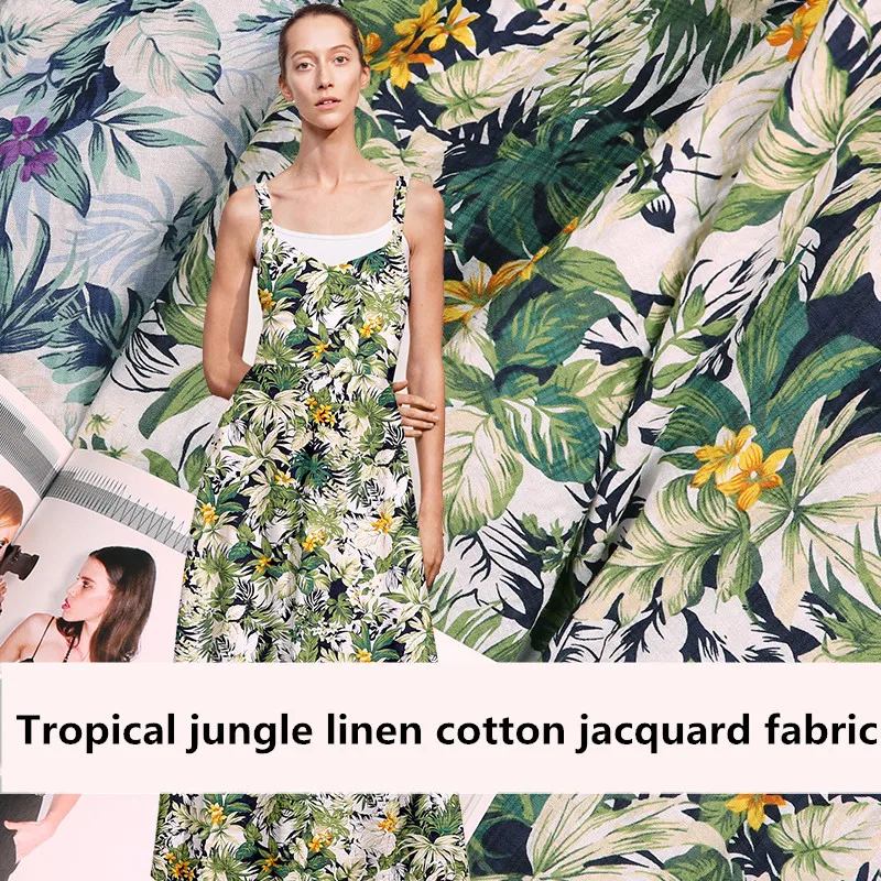 

50x145cm/piece Tropical Jungle Linen Cotton Jacquard Fabric Flower Printing Manual Handmade Cloth For shirt skirt and DIY sewing