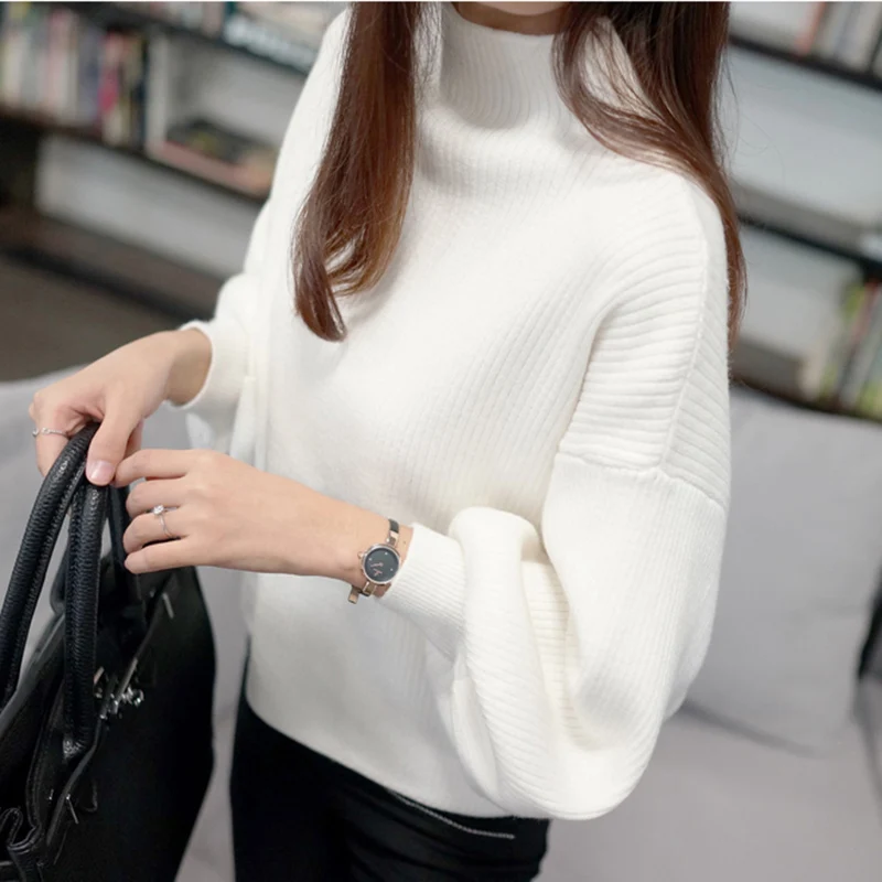 Billige Neue Herbst Winter Frauen Pullover Mode Rollkragen Fledermaus Shirt Pullover Laterne hülse Lose Gestrickte Pullover Weiblich Jumper Tops