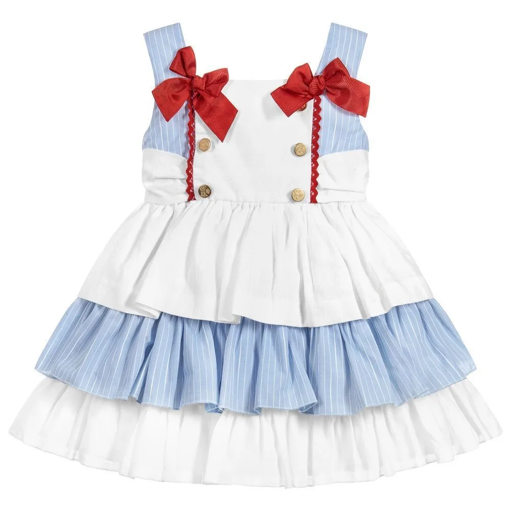 Летние испанские Детские платья для девочек в стиле пэчворк; голубые платья принцессы без рукавов с бантом; Одежда для девочек