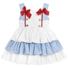 Летние испанские Детские платья для девочек в стиле пэчворк; голубые платья принцессы без рукавов с бантом; Одежда для девочек