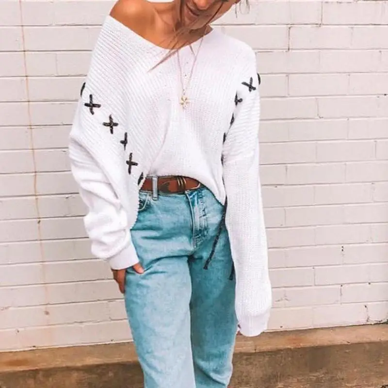 

V Neck Off Shoulder Sweater Women Winter Tops Sexy Long Sleeve Pullover Plus Size Clothing Knitted Fall Sweaters for Women F2