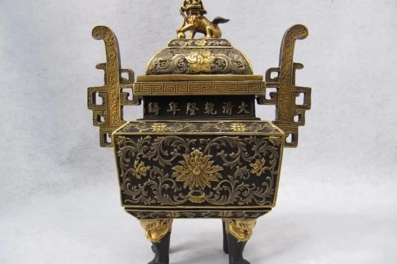 

100% Pure Bronze 24K Gold Gild Buddhism chrysanthemum Lion Censer incense burner