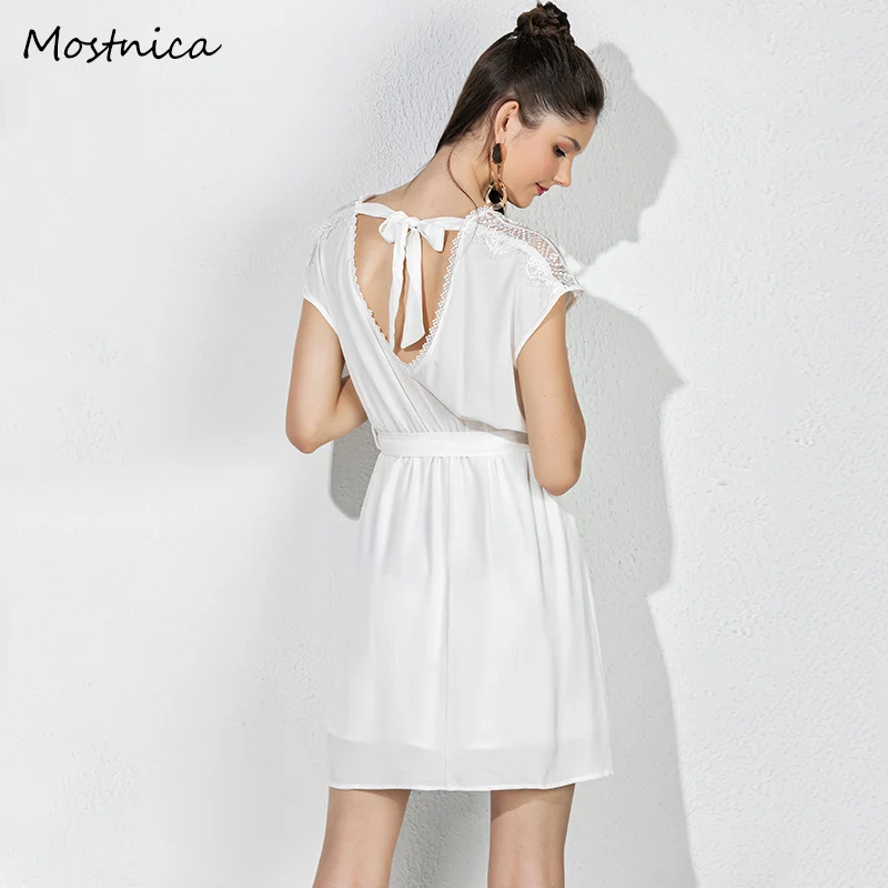 

Mostnica Boho White Sweet Lady Office Dress Summer Double Deck Strapped Deep V Neck Lace Sexy Backless Dresses for Women Clothes