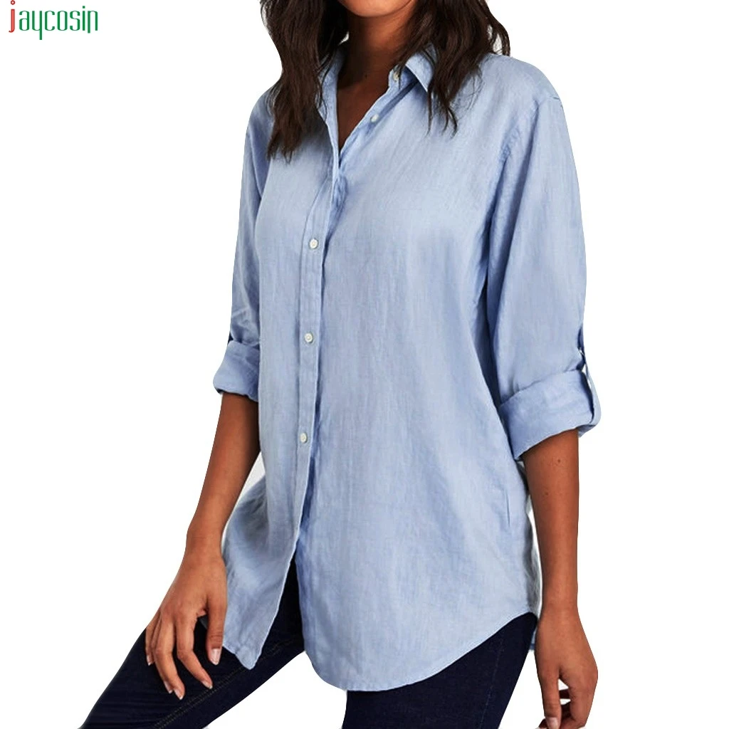

JAYCOSIN Blouse Women Turn Down Collar Long sleeve 2019 Plus Size Solid Career Blouse Shirt Loose blouses for women Top Clothing