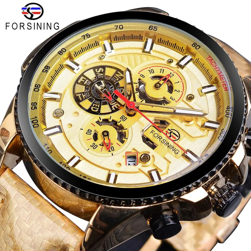 

Forsining 2019 Golden Racing Mens Mechanical Watch Automatic Shiny Gold Color Leather Band Mechanical Wrist Watches Reloj Hombre