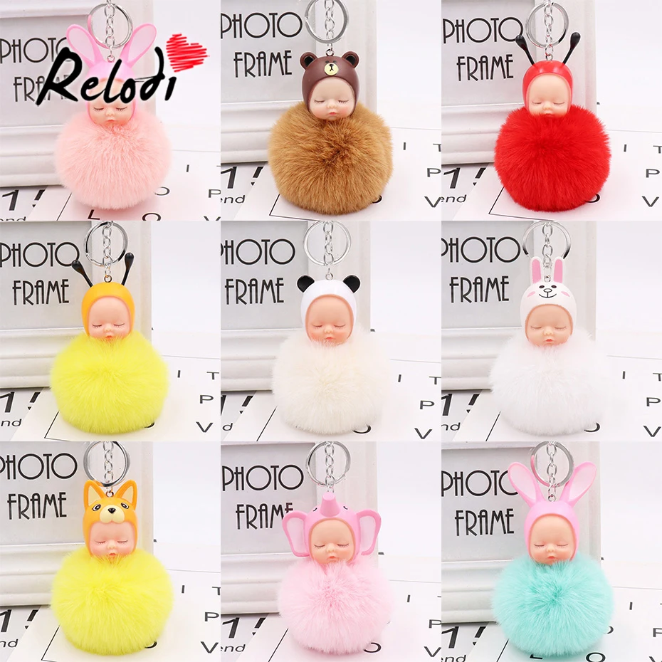 

Relodi Cute Sleeping Baby Doll Keychain Rabbit Fur Pompom Key Chains Women Car Bag Accessories Key Holder Charm Jewelry SP1449