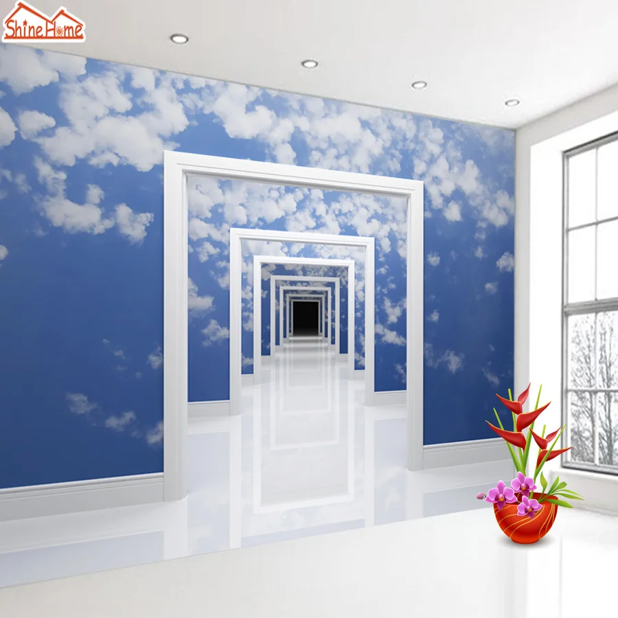 Us 13 75 45 Off Shinehome Blue Sky Cloud Space Frame Door Gateway 3d Wallpaper For Walls 3 D Livingroom Wall Paper Murals Wallpaper Mural Roll In