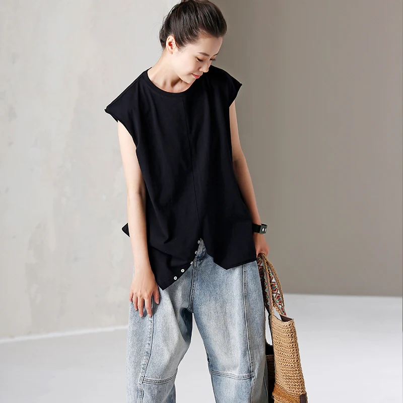 

T9051 Artsy plus-size round collar sleeveless asymmetrical button bottom solid color T-shirt for ladies summer