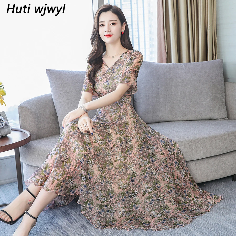 

2019 Elegant Women Floral Chiffon Boho Maxi Dress Summer Vintage 3XL Plus Size Print Beach Midi Sundress Bodycon Party Vestidos