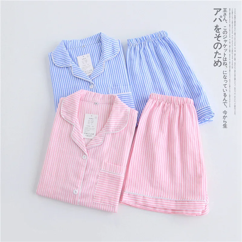Свежие полосы Шорты пижамные комплекты женские пижамы летние короткие рукава 100% марля хлопок сексуальный корейский ночная рубашка pijamas