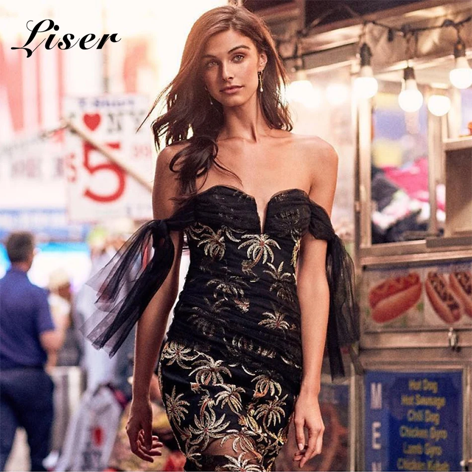 

Liser 2019 New Summer Women Dress Strapless Mesh Fishtail Dress Sexy Bodycon Elegant Club Celebrity Party Black Dresses Vestidos