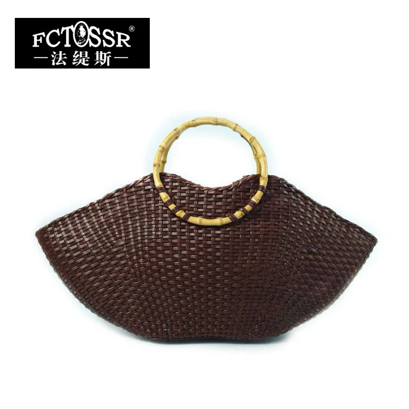 

Knitting Genuine Leather Big Tote Bags with Bamboo Handle 2019 Handmade Natural Leather Women Handbag Studded Top-handle Bag