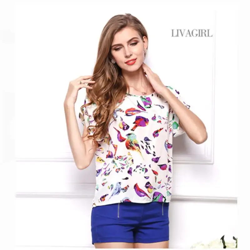 

Summer Women's Casual Blouse Shirt Chiffon Shirts O Neck Short Sleeve Lady's Top Loose