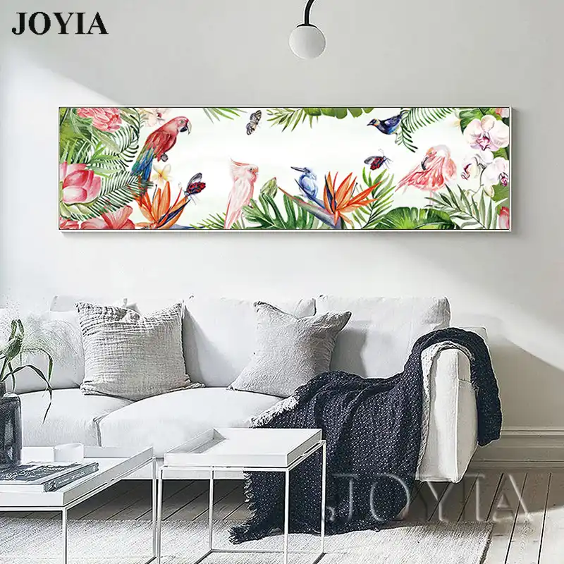 Grandes Hojas Tropicales Flores Lienzo Arte De Pared Dibujo A Mano