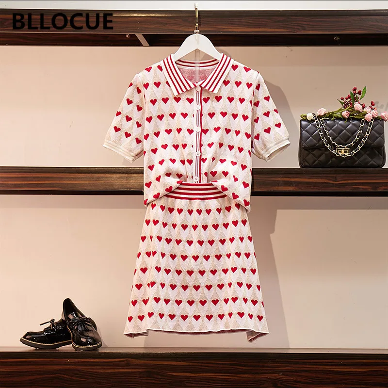 

BLLOCUE New 2019 Spring Summer Knitted 2 Piece Set Women Love Pattern Cardigan Sweater Top +A-Line Skirt Suit Student Suit Set