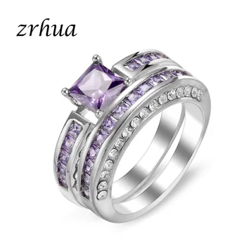 

ZRHUA New Created 925 Sterling Silver Finger Ring Sets for Women Unique Jewelry Wholesale Purple AAA+ Zircon Bague for Party