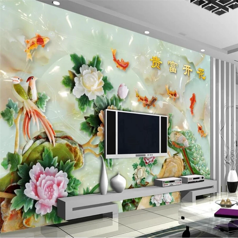 

wellyu Custom wallpaper 3d murals flowers rich jade carved mural living room TV background wall paper 3d papel de parede mural