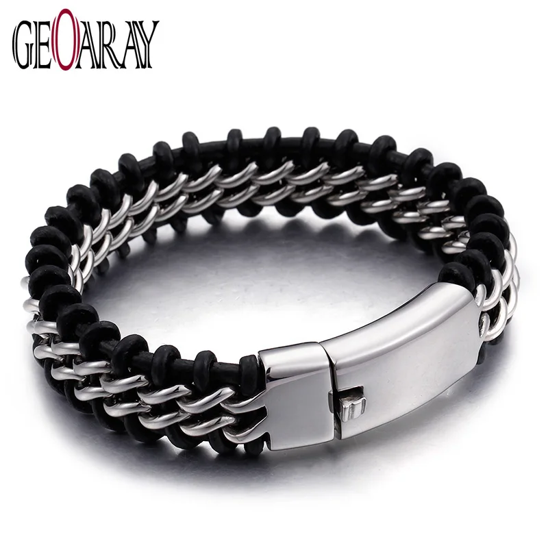 

Geoaray Braided Leather Bracelets for Men Stainless Steel Link Chain Bangle Bracelets Simple Clasp