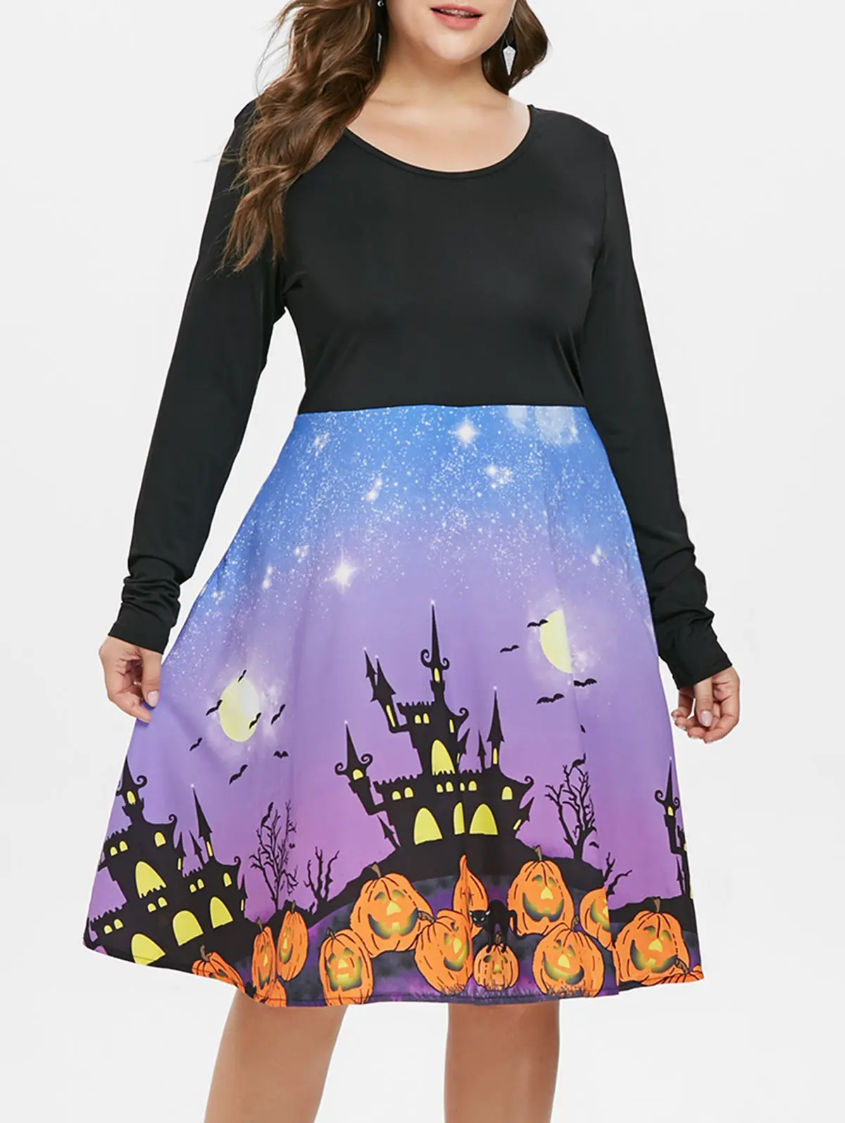 Kenancy Plus Size Vintage Halloween Dress Pumpkin Print O Neck Long