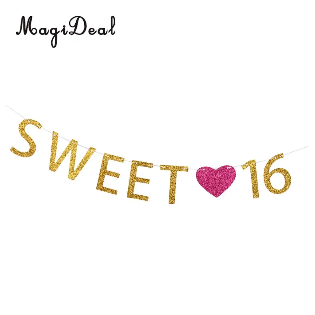 Pack of 2pcs Glitter Sweet 16 Heart Happy 16th Birthday Party Banner Bunting Girls Celebration Room Decoration Photo Props