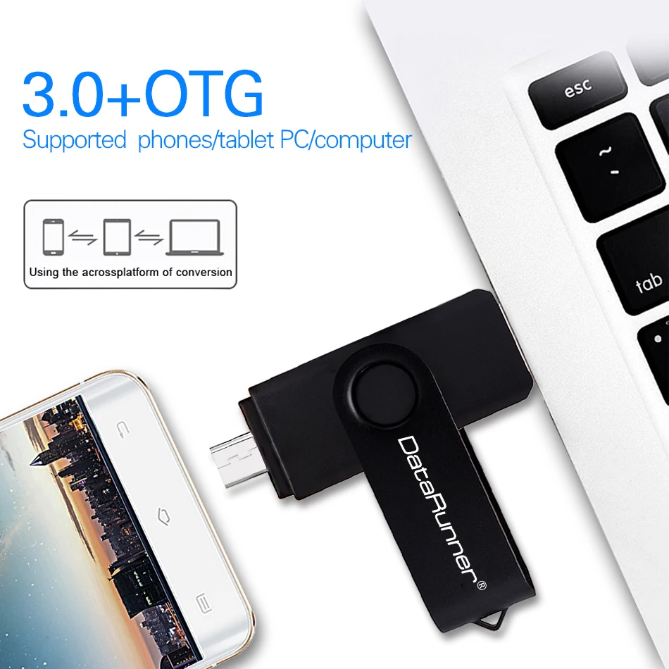 Новый usb накопитель DataRunner 3 0 OTG 128 ГБ Вращающаяся ручка 16 32 64 256 микро USB флешка