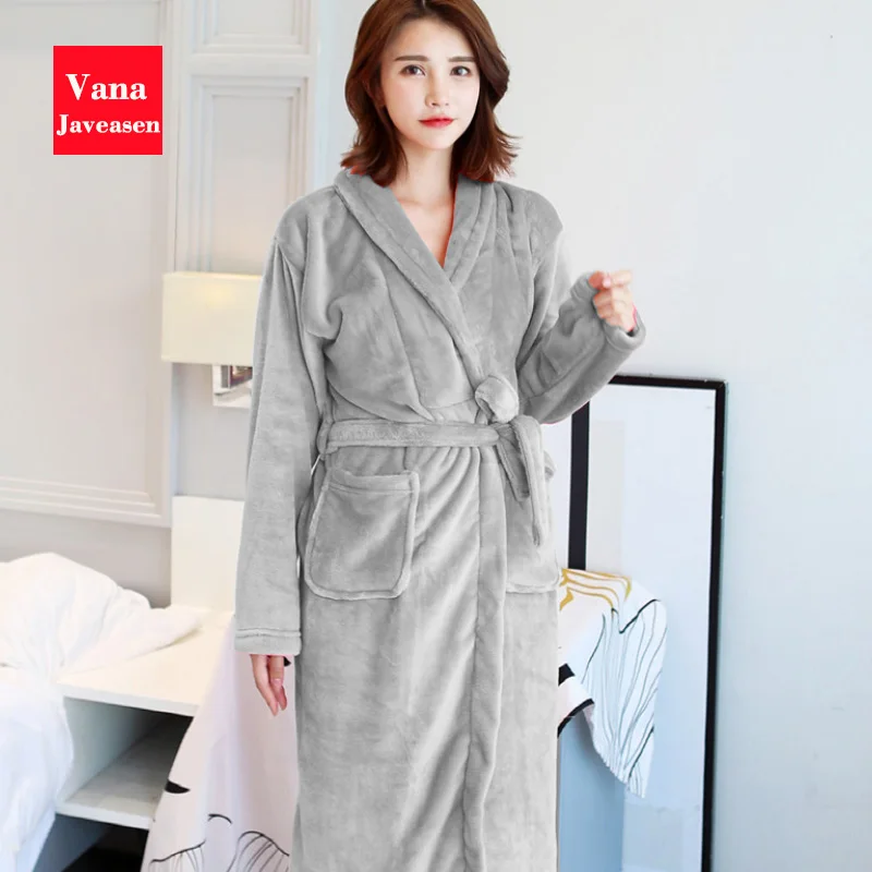 Vana Javeasen Coral Fleece Women Men Bathrobe Pajamas Thicken Warm Autumn Winter Home Couple Sleepwear Turndown Collar Robes - Цвет: Grey female