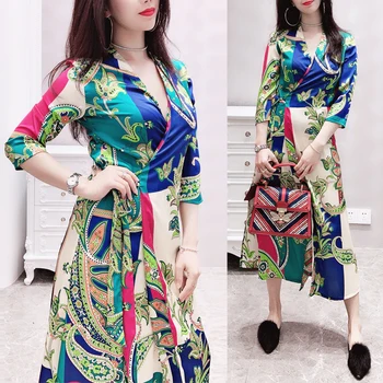 

New 2019 crossover v neck palace restoring ancient ways is printed with waist dress female seaside holiday dresses