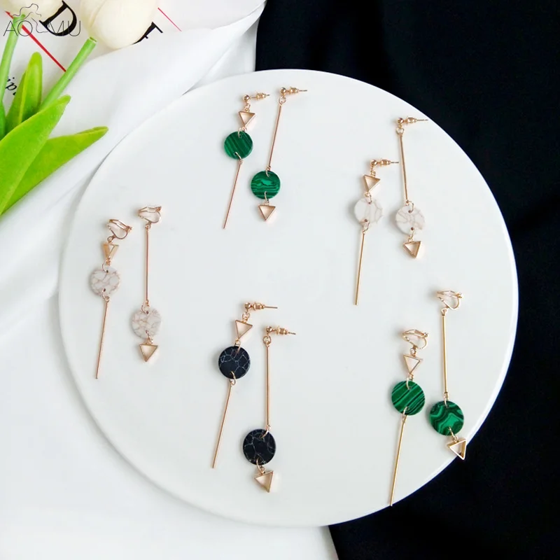 

AOMU New Design Marble Pattern Geometric Asymmetry Triangle Circle Metal Dangle Drop Earrings for Women Party Jewelry Brincos