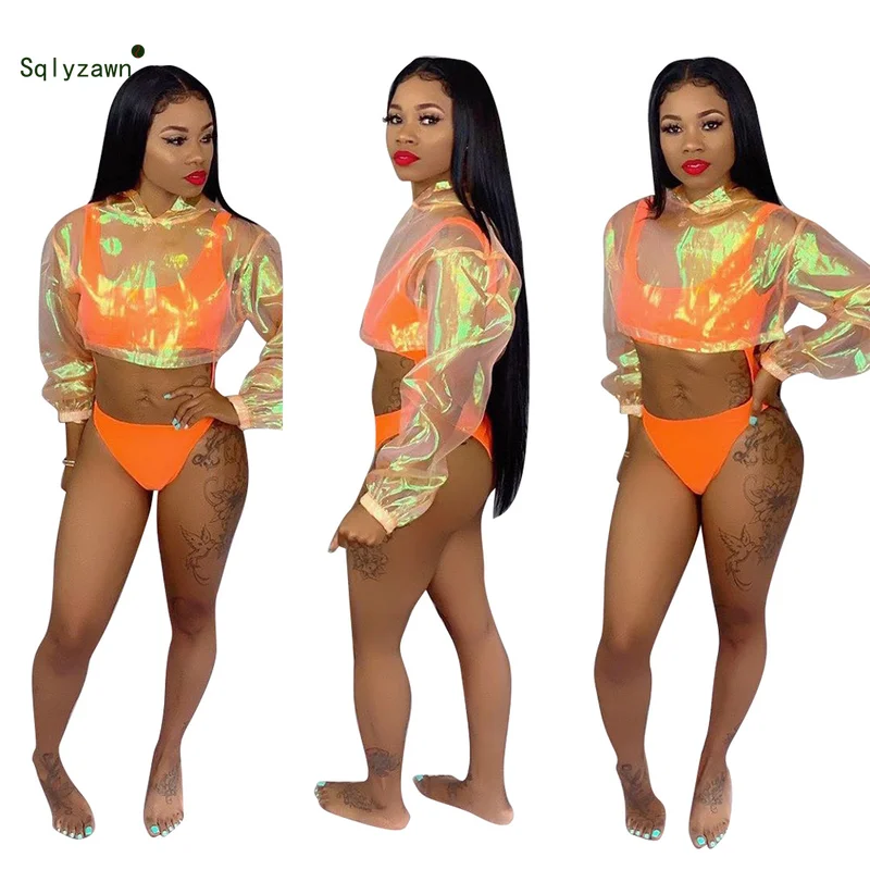 

Sexy Neon Beach 2 Piece Set Laser Transparent Long Sleeve Crop Top + Hollow Out Bodycon Bodysuit Fluorescent Orange Green Outfit