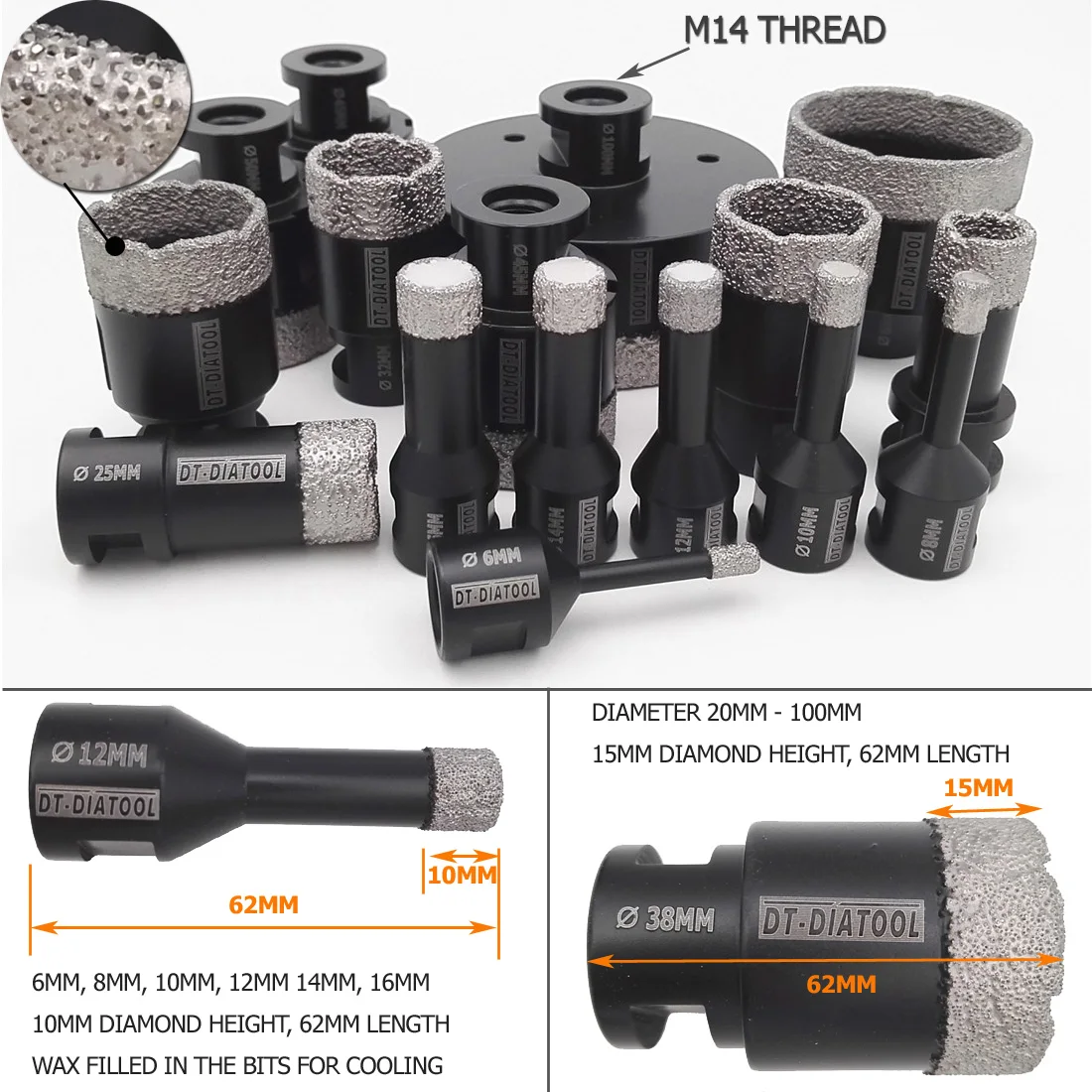 Dt diatool Diameter 60mm Dry Vacuum Brazed Diamond Drill Core Bits Fast Drilling Granite Marble Tile Longer Life M14 Thread - Image 2