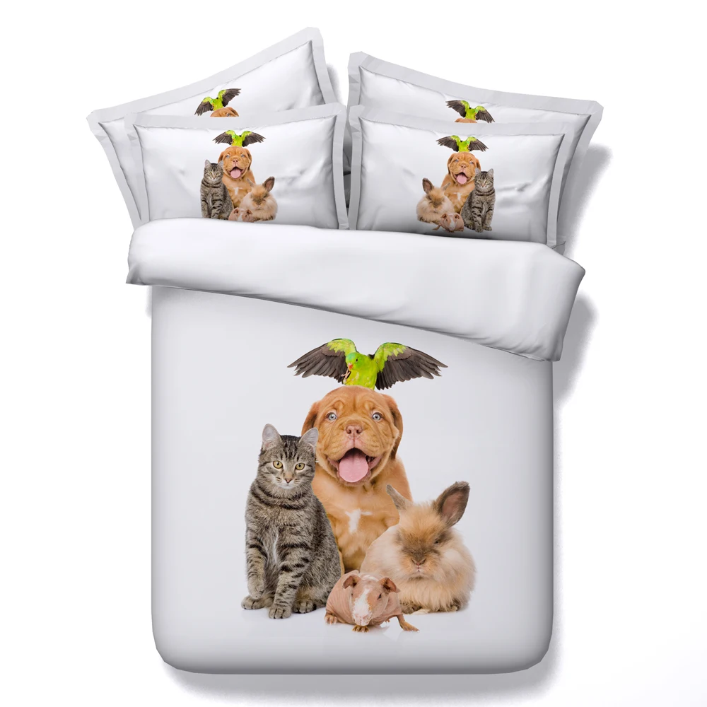 

3d rabbit dog cat parrot bed linen white animal print bedding sets queen twin king sizes duvet cover 3/4pcs bedspreads teens kid