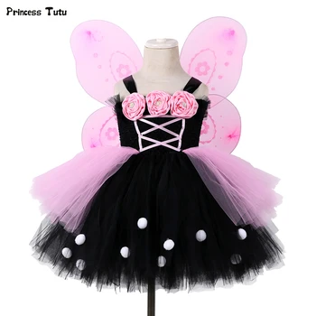 

Black&Pink Flower Girl Tutu Dress Tulle Girl Party Dress Princess Kids Girls Fairy Dress Halloween Cosplay Butterfly Costume