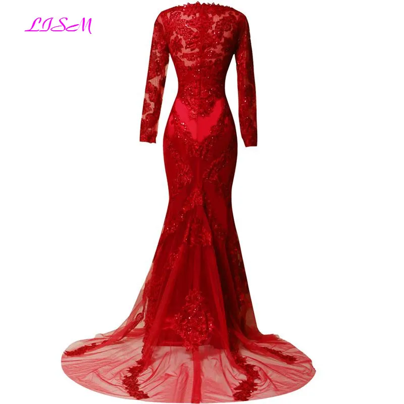 Real Photos Red Full Sleeved Evening Dress 2022 Lace Appliques Mermaid Prom Dresses Elegant Long Sweep Train Formal Party Gowns green evening gown