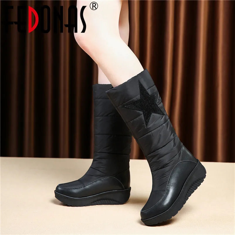 

FEDONAS 2020 Winter New Warm Women Mid-Calf Boots Synthetic Leather Long Boots High Heels Slip On Snow Boots Basic Shoes Woman