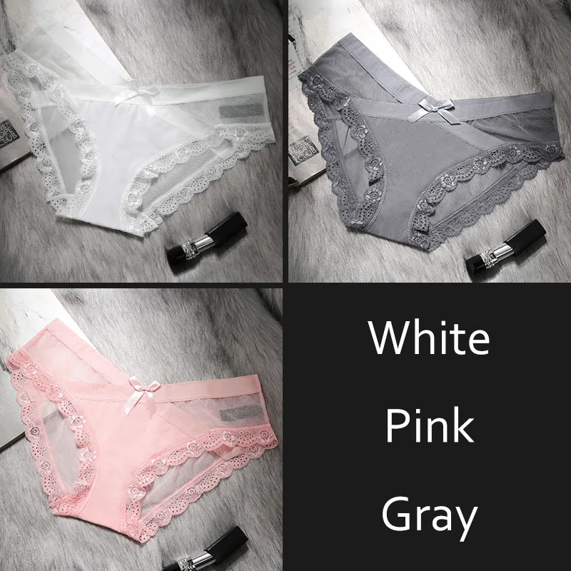 Женское нижнее белье, прозрачные сексуальные трусики, сетчатые дышащие трусы, низкая посадка, бант, цветочные трусики для девушек, DULASI, 3 шт./лот - Цвет: White Pink Gray