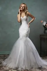 Элегантный романтический русалка свадебное платье 2016 простой милая аппликация кружева невесты замуж платье для свадьбы