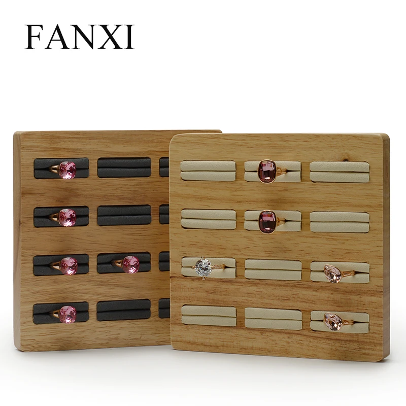 FANXI Solid wood Cream-white&Dark gray 12 Seats Ring Display Stand with Microfiber Internal for Exhibition Jewellry Rings Holder Jewelry Packaging