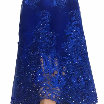 

2019 High Quality Royal Blue Beads French Lace Tulle Nigerian Lace Fabrics for Wedding Embroidered Beads African Lace Fabric