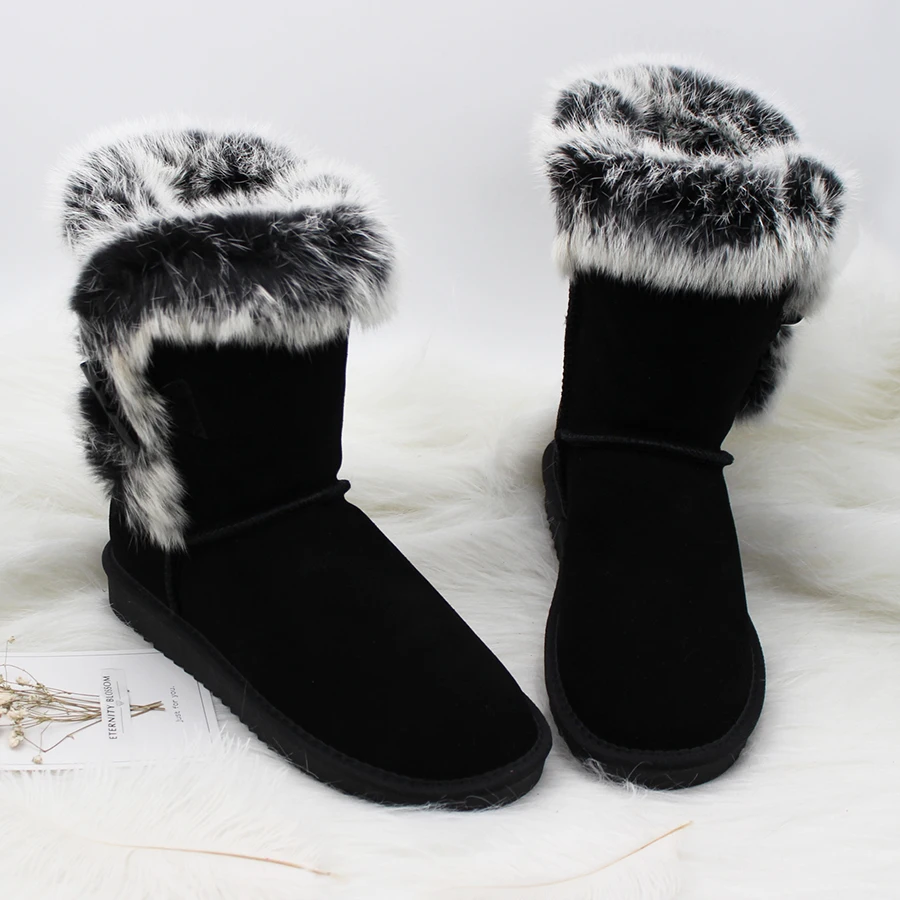

MYLRINA Women's 100% Real Natural Rabbit Fur Snow Boots Genuine Cowhide Leather women Boots Female Winter Shoes