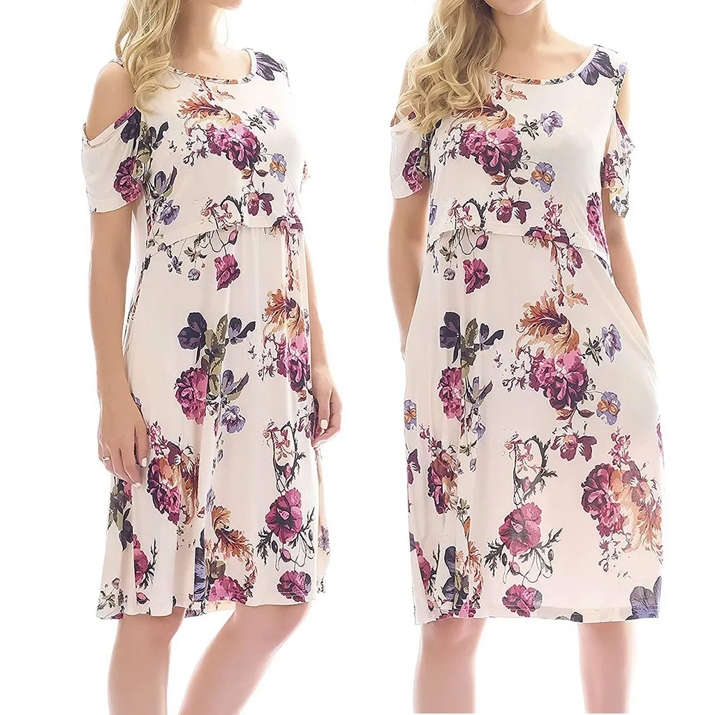 

MUQGEW Maternity dress summer Women Maternity Floral Print Nursing Nightgown Breastfeeding Dress with Pockets ropa embarazadas
