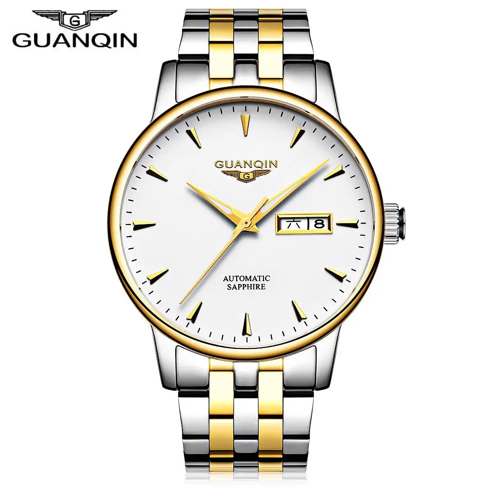 

GUANQIN Men Mechanical Watch Date Day Display Stainless Steel Band Automatic Self-wind Watches Casual Analog Wristwatch