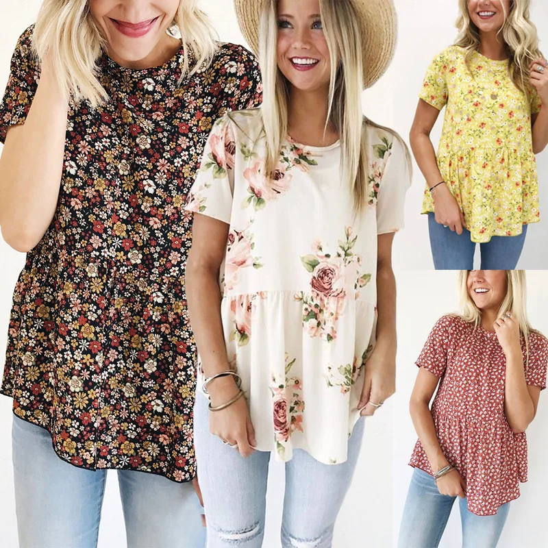 AVODOVAMA M Women Summer Fashion Blouses Floral Print Round Neck Short Sleeve Tops Shirts |