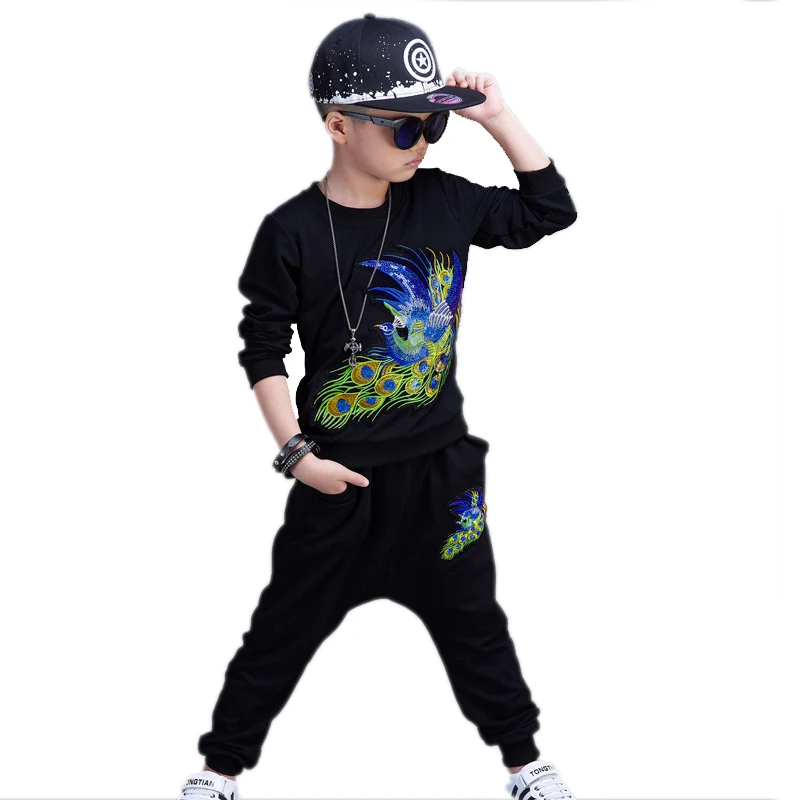 

boys clothes sets spring children clothing top peacock cartoon printed hoodies+harem pants 2pcs suit boys dress suit kids outfit