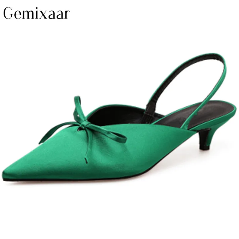 

Elegant OL Satin Pointed Toe Bow-Knot Women Shoes Solid Color Med Thin Heels Sandalias Decor Thin Butterful-Knot Sandals Woman