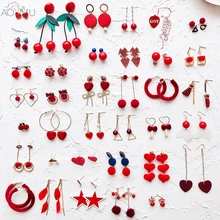 AOMU Комплект сережек для женщин и девочек с красным помпоном, серьги с бантами, подарок на год